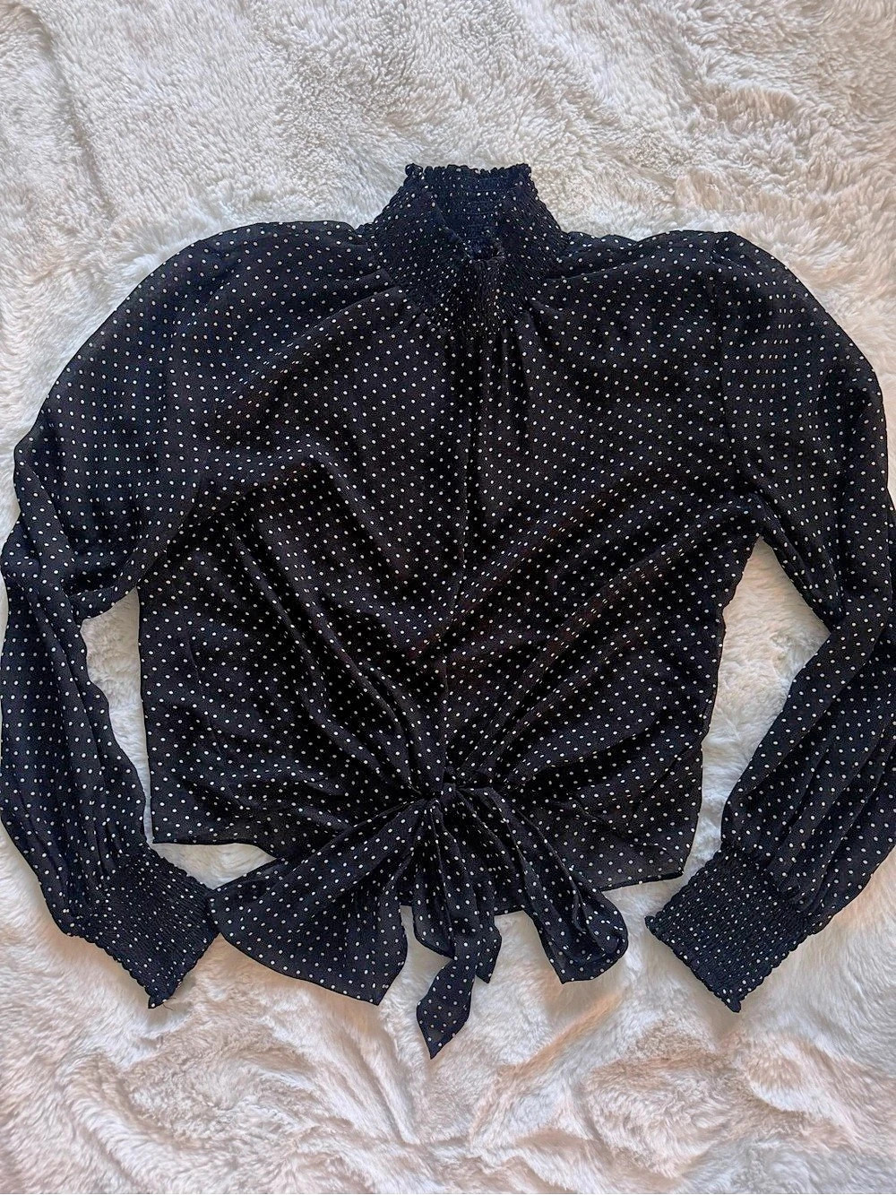 Elan Black & White Smocked Neck Polka Dot Tie-Front Blouse